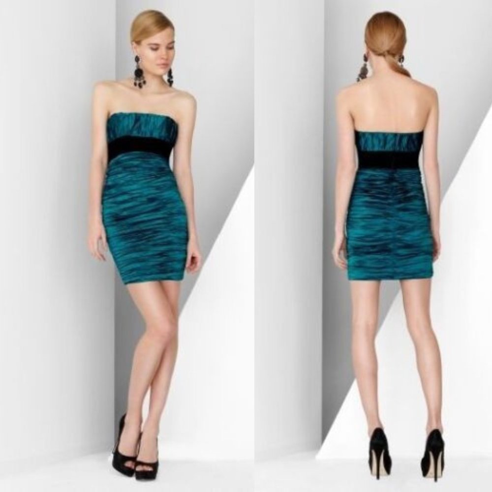 BCBG MaxAzria Size 4 Ruched Sheath Short Dress Strapless Cyan Taffeta $348 MSRP